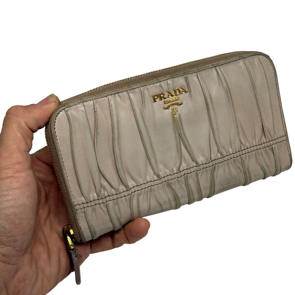 Prada Gaufre Nappa Leather Zip Around Wallet Beige‎ Gold Tone